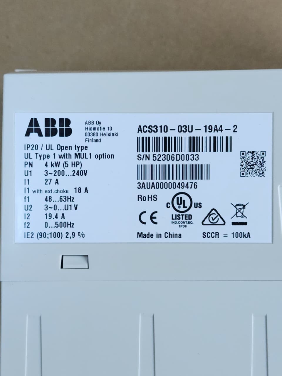 ABB ACS310-03U-19A4-2 Frequency Converter 5 HP 200-240V 3-Phase PID Control