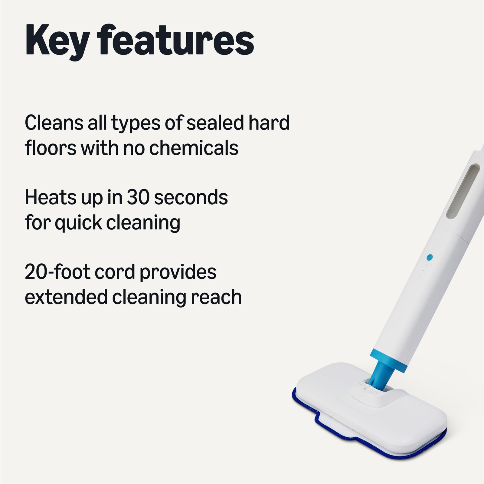 Amazon Basics Steam Mop for All Sealed Hard Floors, Heats Up 20-Foot, White