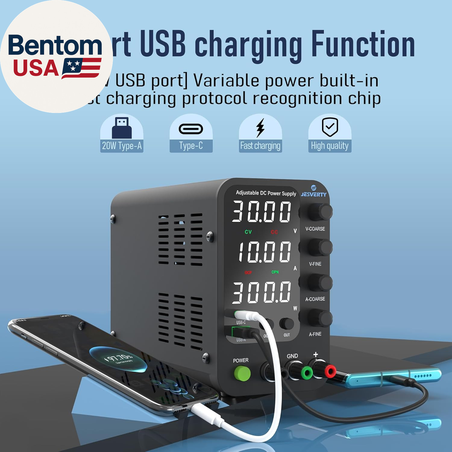 DC Power Supply Variable, 0-32V 0-10A Switching Bench Power Supply with 20W USB
