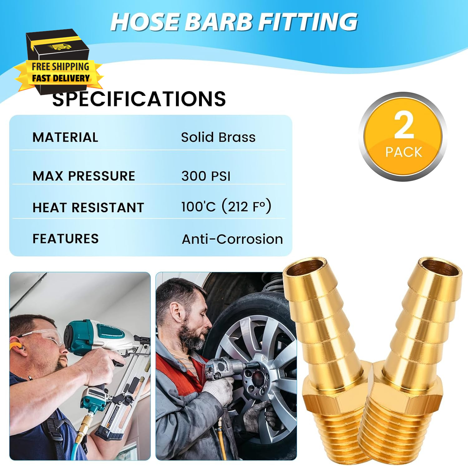 2 Pcs Air Hose Barb Fittings, 1/4 NPT to 3/8 Barb, Barbed Hose Fittings, Male Th