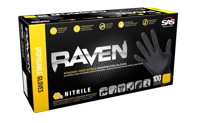 SAS RAVEN Black Nitrile Gloves Powder Free 100/BX