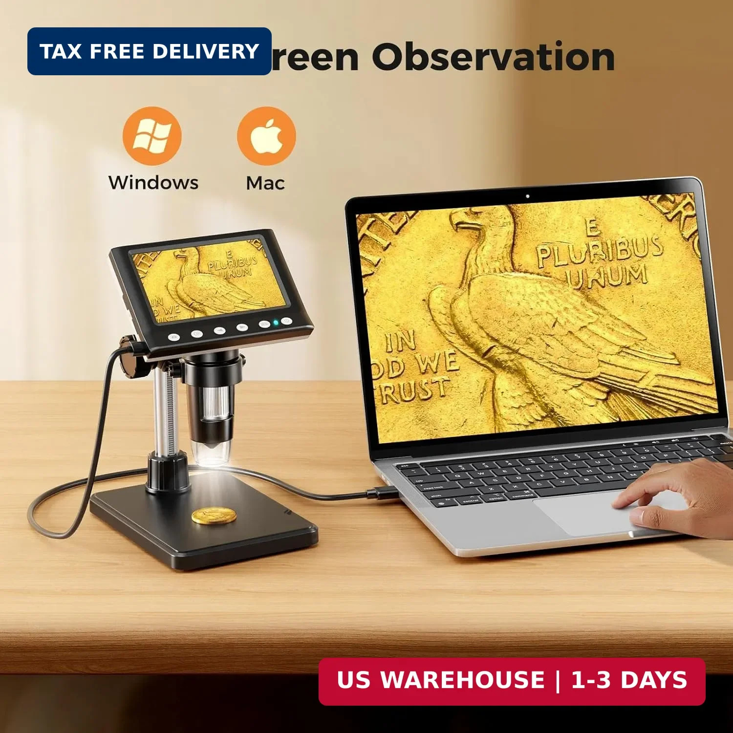 4.3 Inch LCD Digital Coin Microscope, 1000X USB Magnifier with 8 Adjustable LED