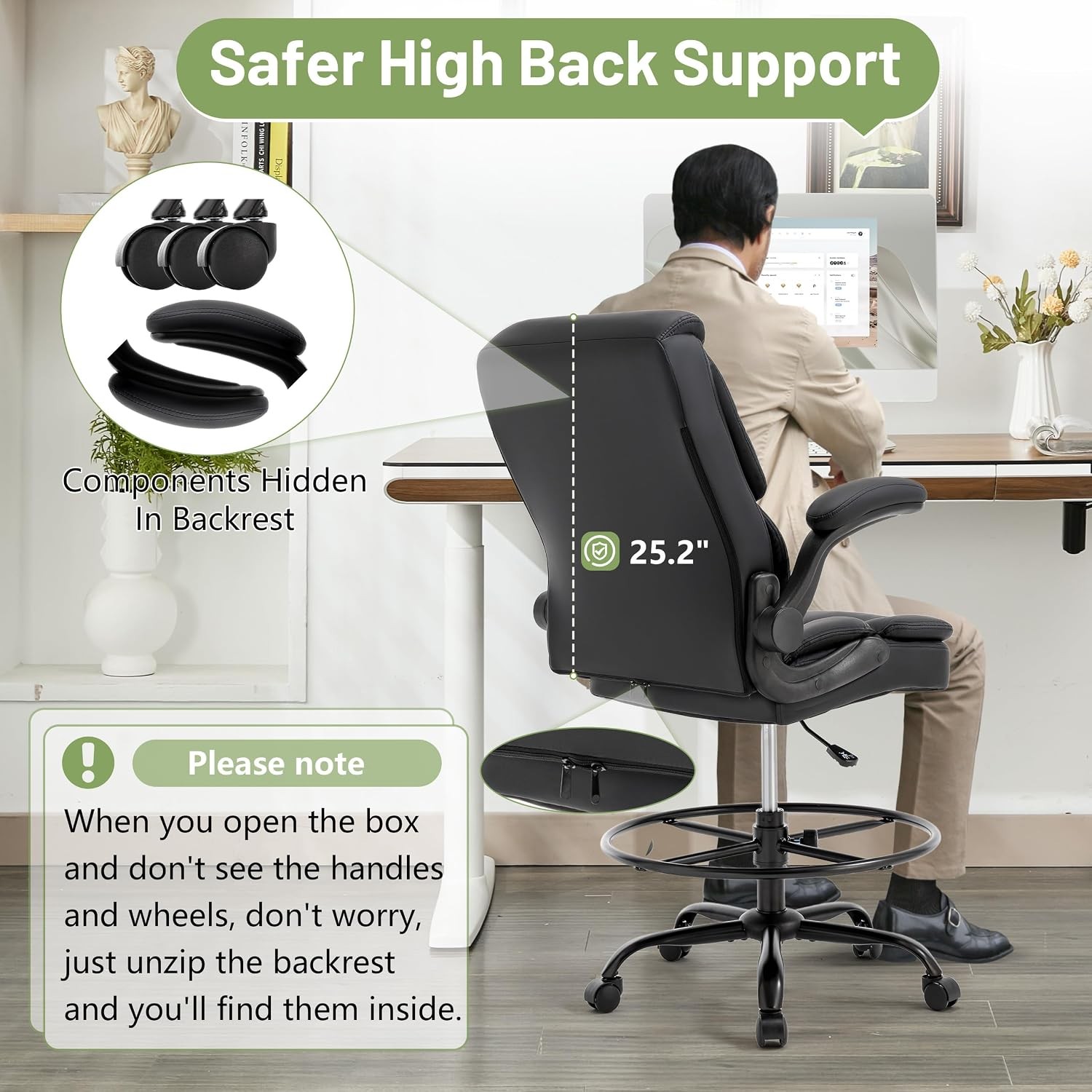 500LBS Drafting Chair High Back Safer Standing Desk Chair Executive Tall Office