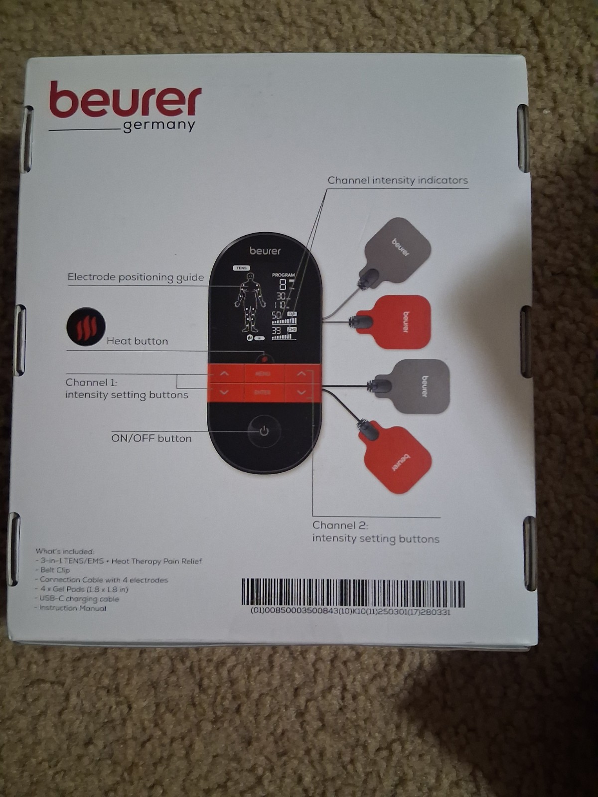 Beurer 3-in-1 TENS/EMS Unit with Heat Therapy, Handheld, 2 Channels Pain Relief