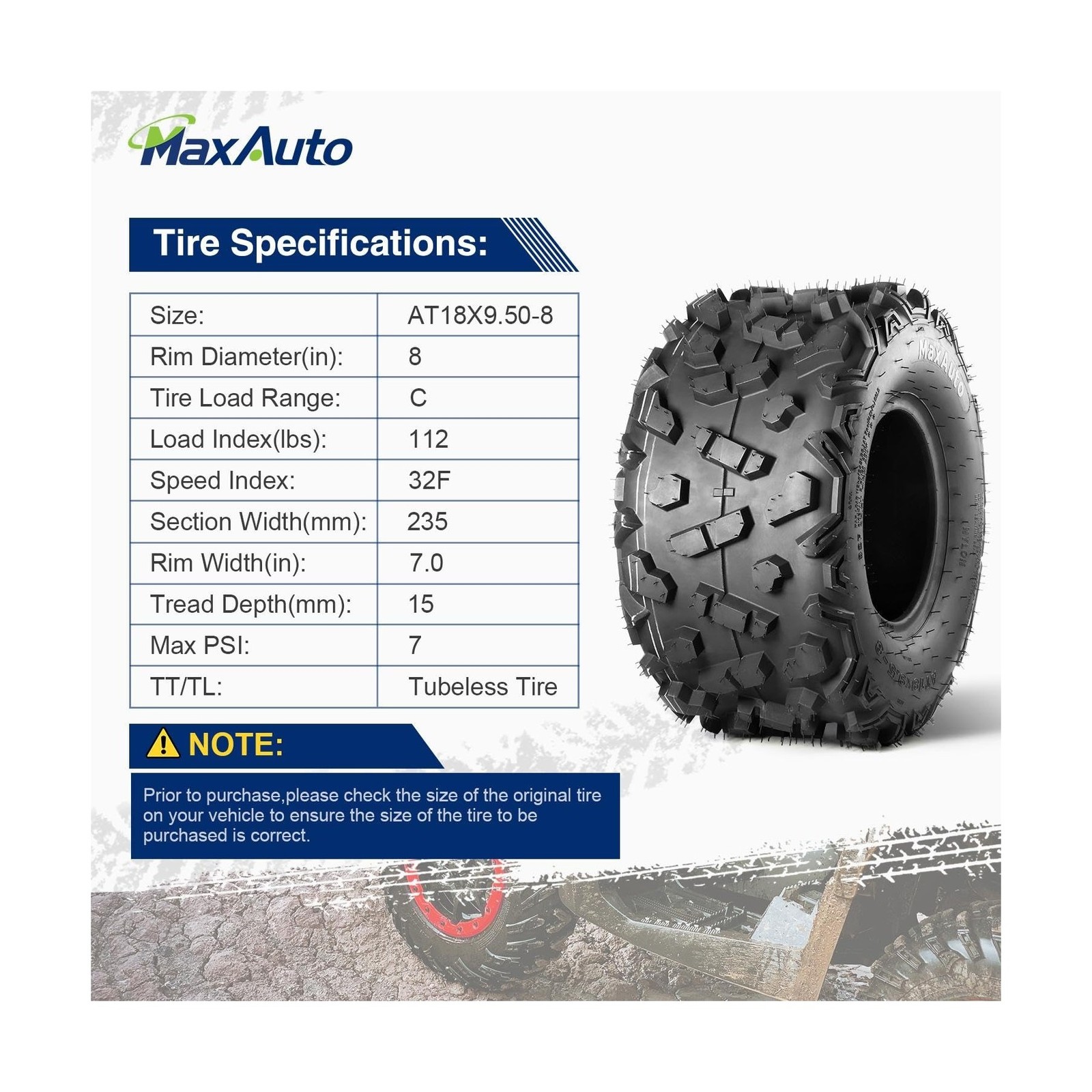 MaxAuto AT18x9.50-8 ATV Tires 18×9.5-8 Lawn tractor Tires 18×9.5×8 Zero Turn …