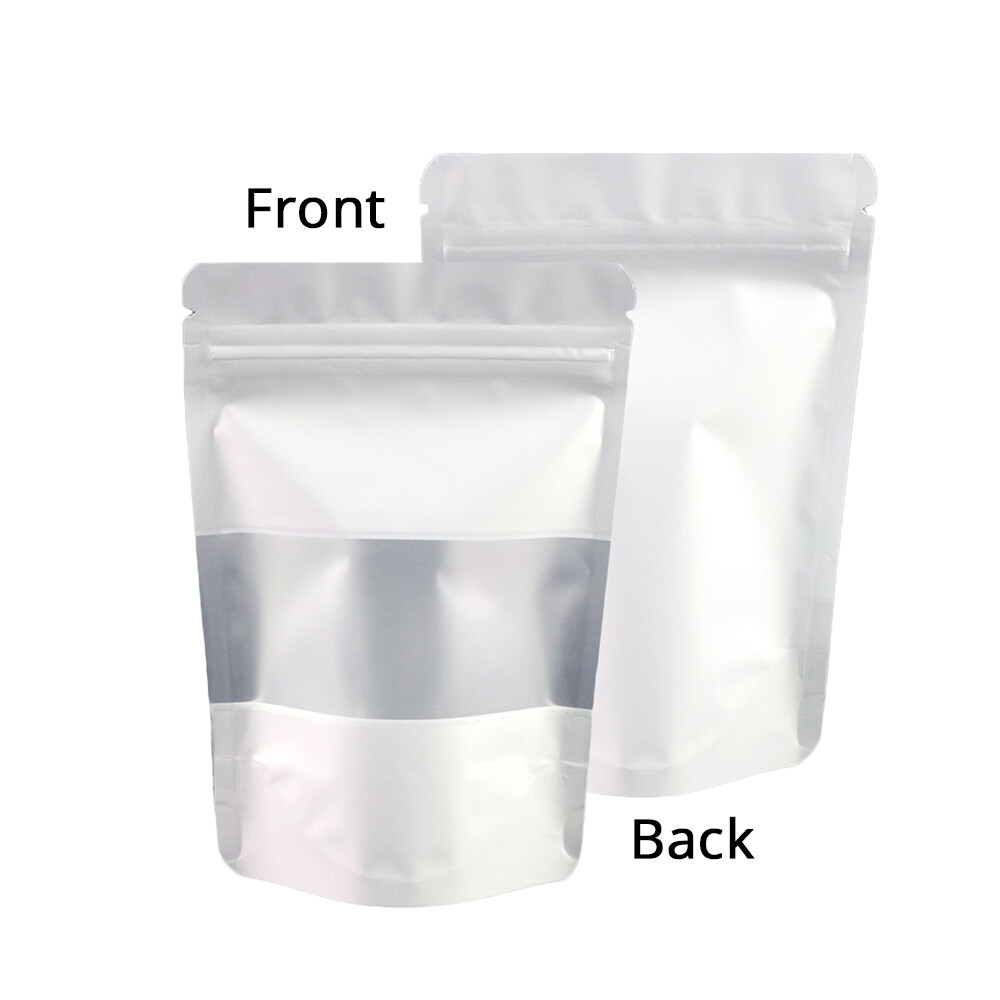 5.5×7.75in White Foil Mylar Matte Stand Up Zip Lock Bag w/ Window & Machine