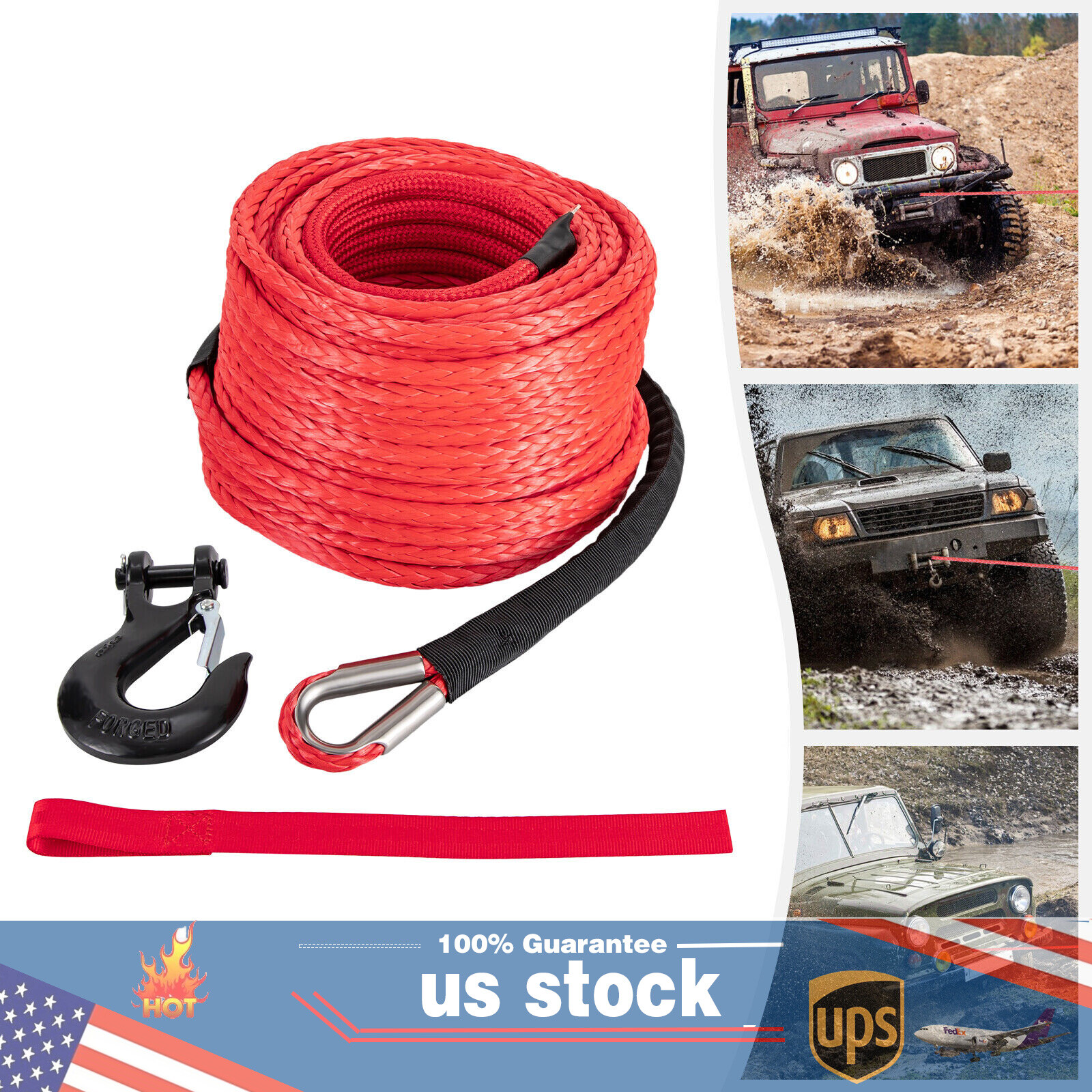 1/2″x92ft Synthetic Winch Line Cable Rope With Sleeve + Winch Hook For ATV UTV