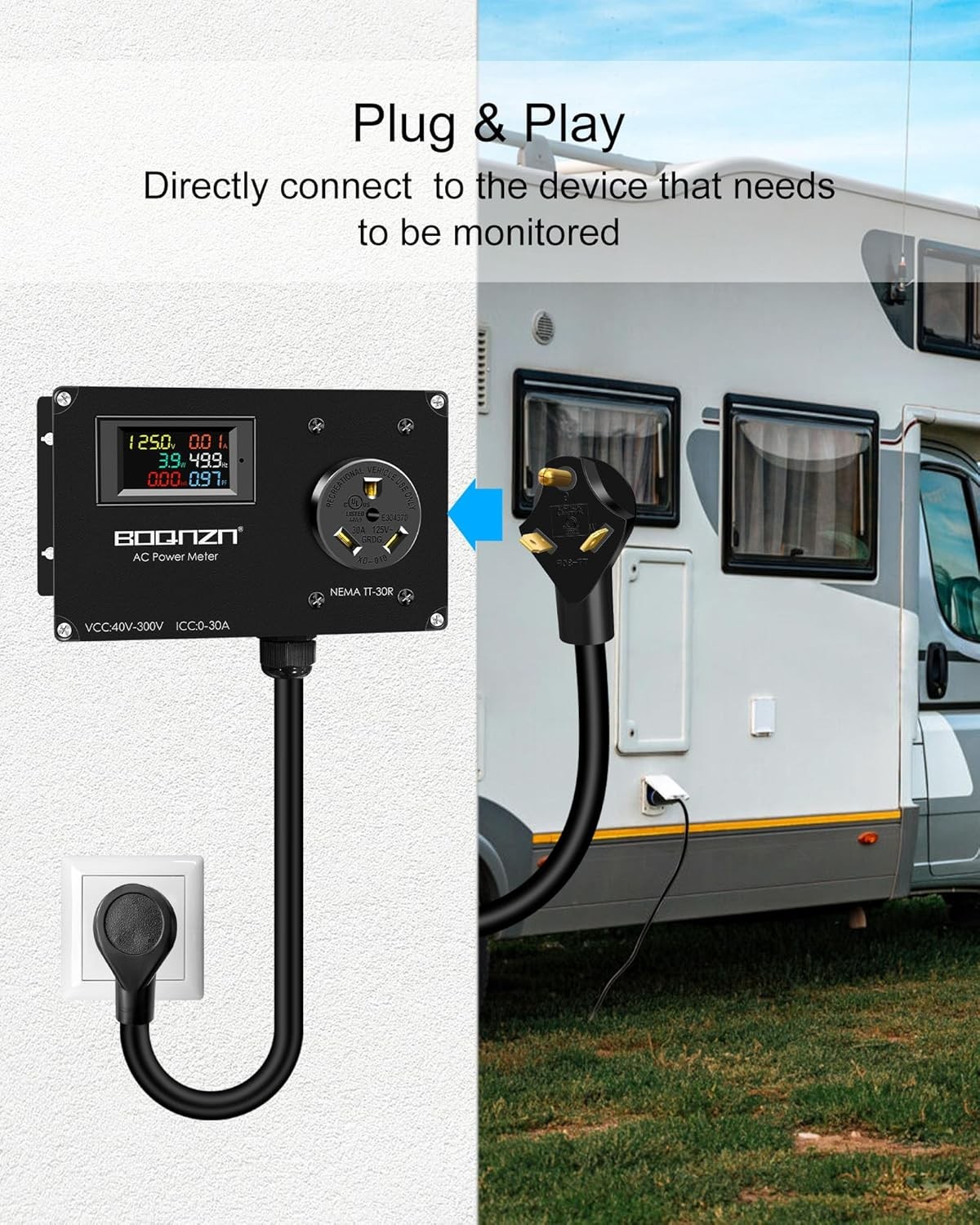 30A AC Power Meter, 125V TT-30P to TT-30R Outlet Monitor for Generator, LCD Disp