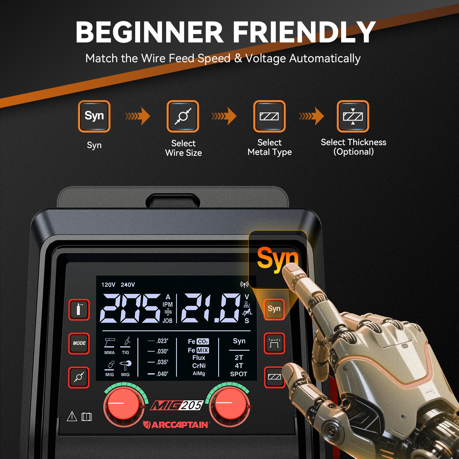 2026 ARCCAPTAIN 205A 6-in-1 MIG Welder, APP Control, 120V/240V with Spool Gun
