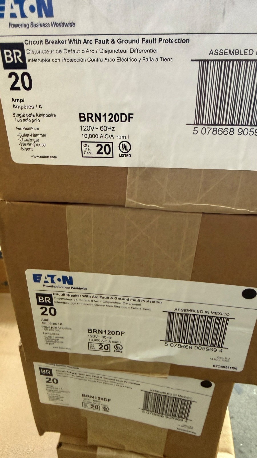 Eaton BRN120DF 20A 1 Pole Pigtail with Arc Fault & Ground Fault Protection New