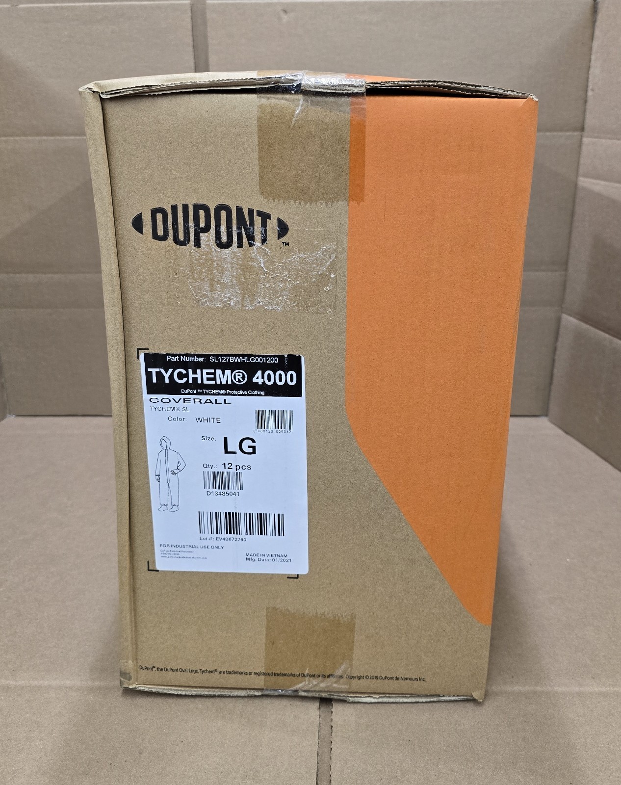 New Case of 12 Dupont TYCHEM 4000 Protective Coveralls SL127BWHLG001200 Size LG