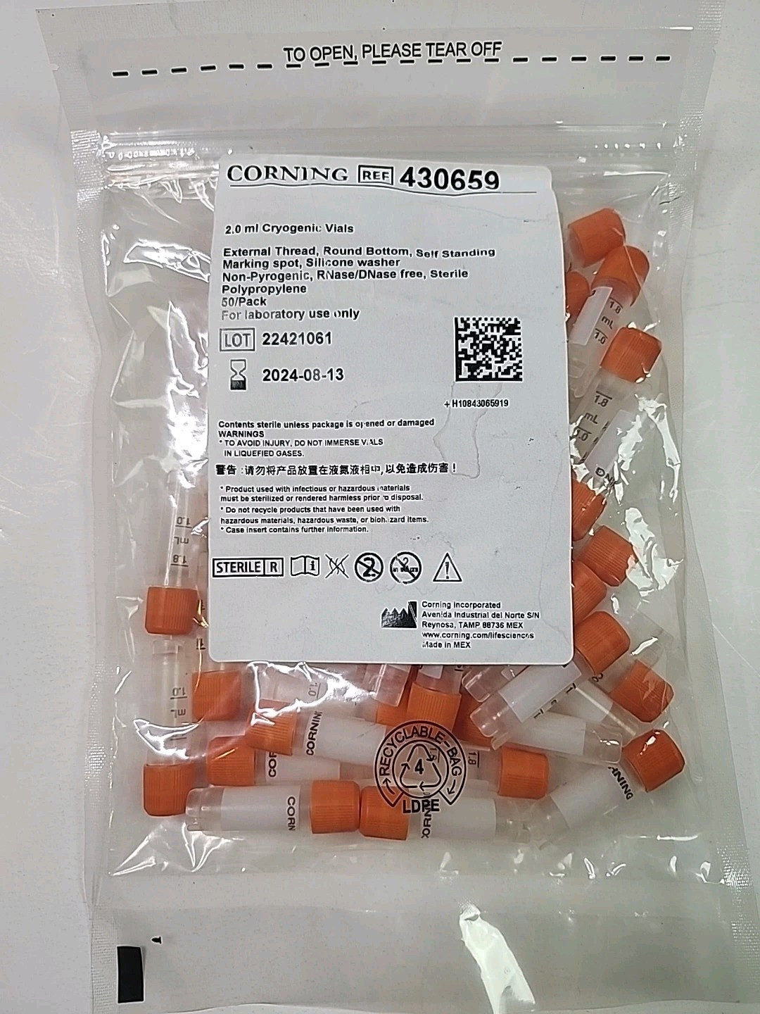 CORNING Polypropylene 2mL Self Standing Cryogenic Vials 430659 (50/pk)