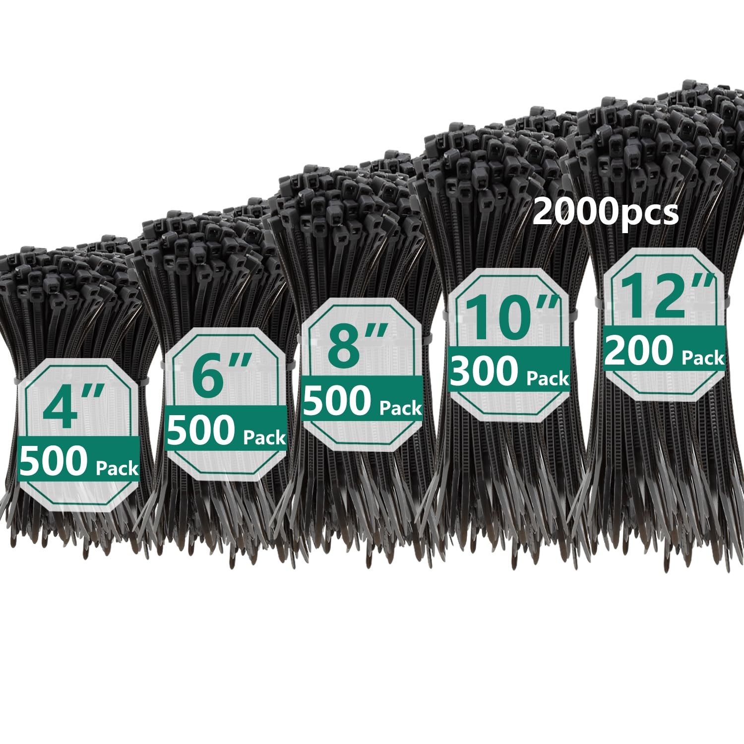 2000PCS Zip Ties Assorted 4 6 8 10 12 Inch Self Locking Cable Ties Black Bundle