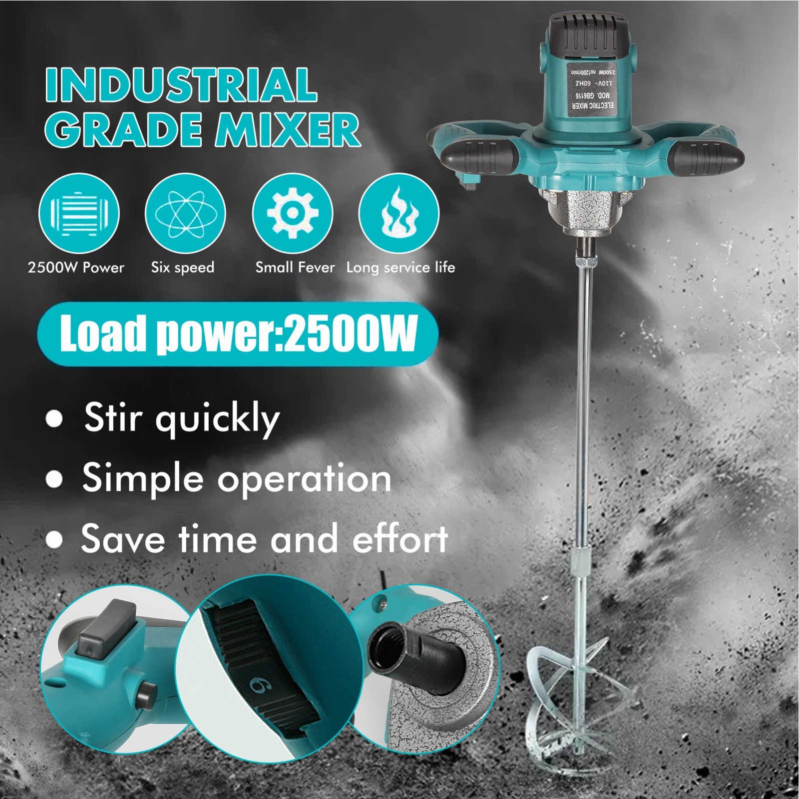 2500W Electric Cement Mixer Handheld 6 Speed Paint Concrete Mixing Machine US