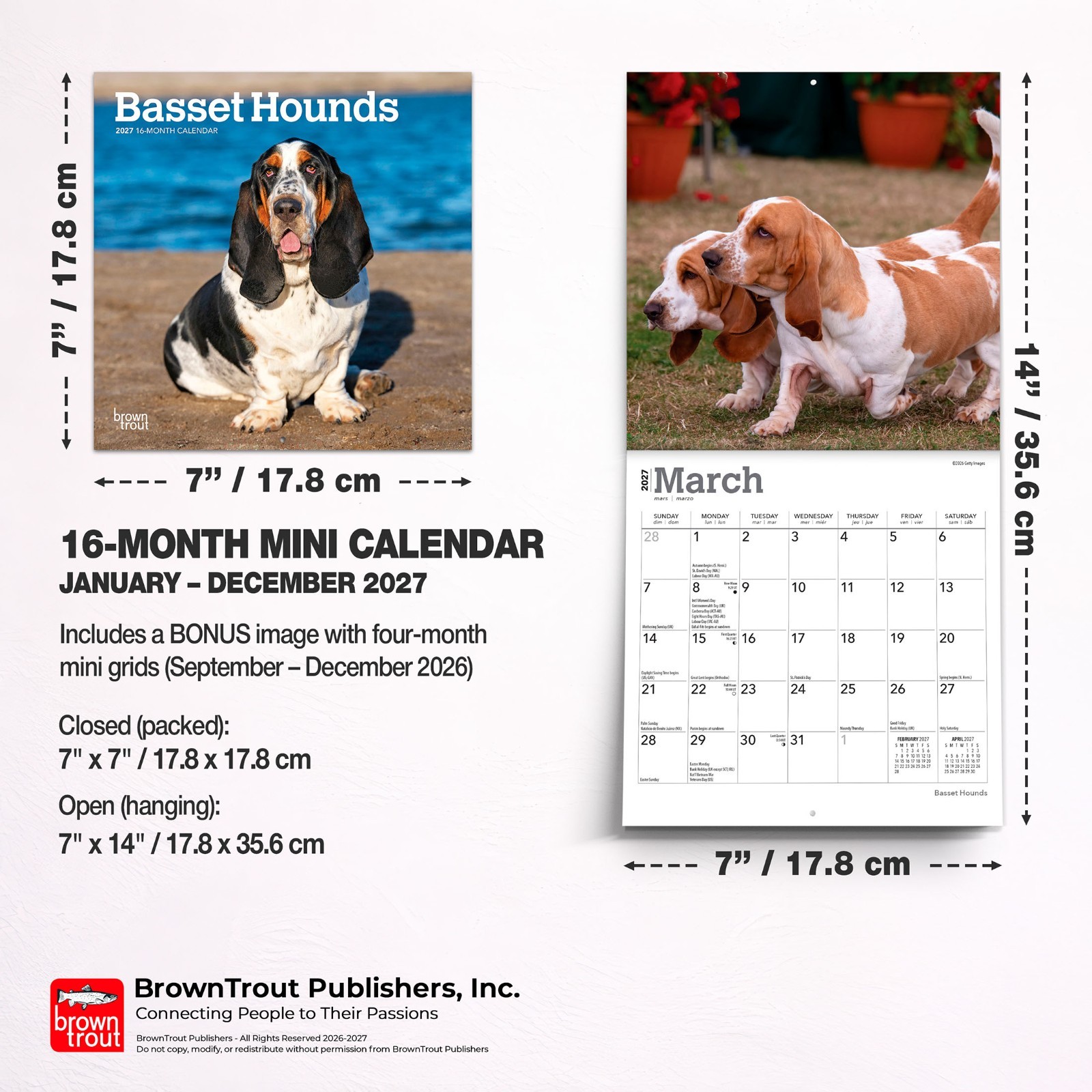 Basset Hounds | 2027 7×14″ (Hanging) Monthly Mini Wall Calendar