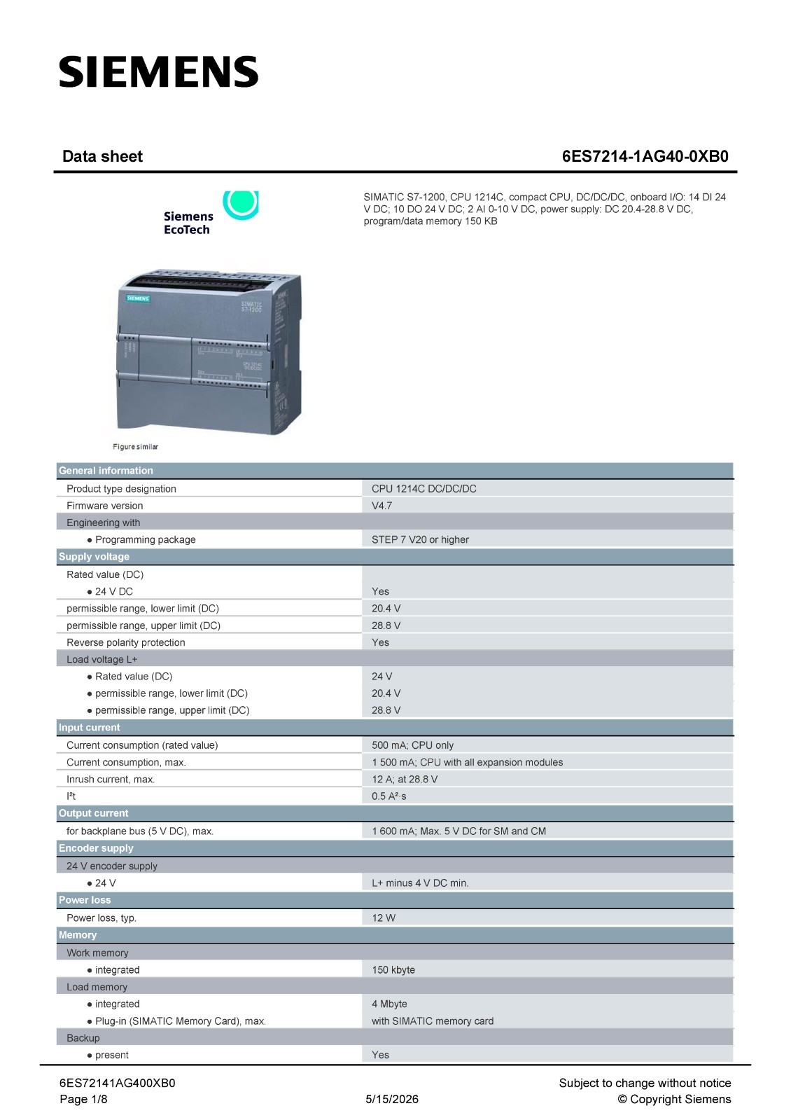 Siemens 6ES7214-1AG40-0XB0 S7-1200 CPU 1214C PLC & CM 1241 RS232 Serial Module
