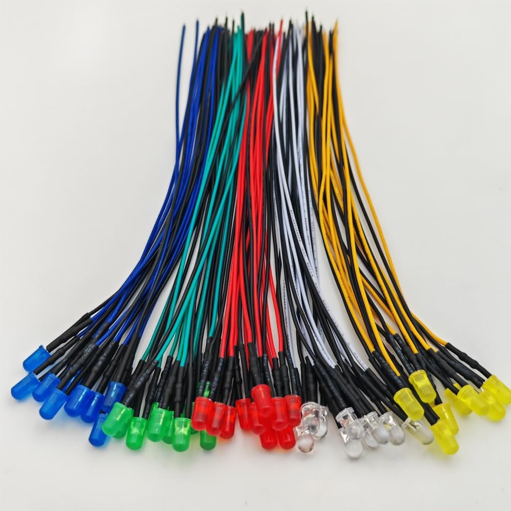 50pcs 5mm Red, Yellow, Green, Blue, White LED Lights, 12VDC Prewired 7.8 Inch…