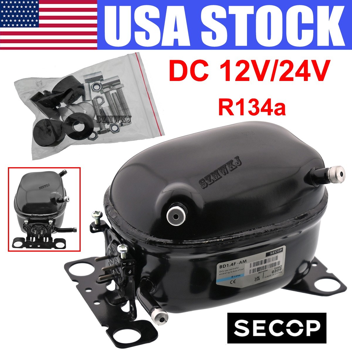 DC 12V/24V SECOP BD1.4F Car Refrigeration Compressor R134a Fridge Freezer Marine