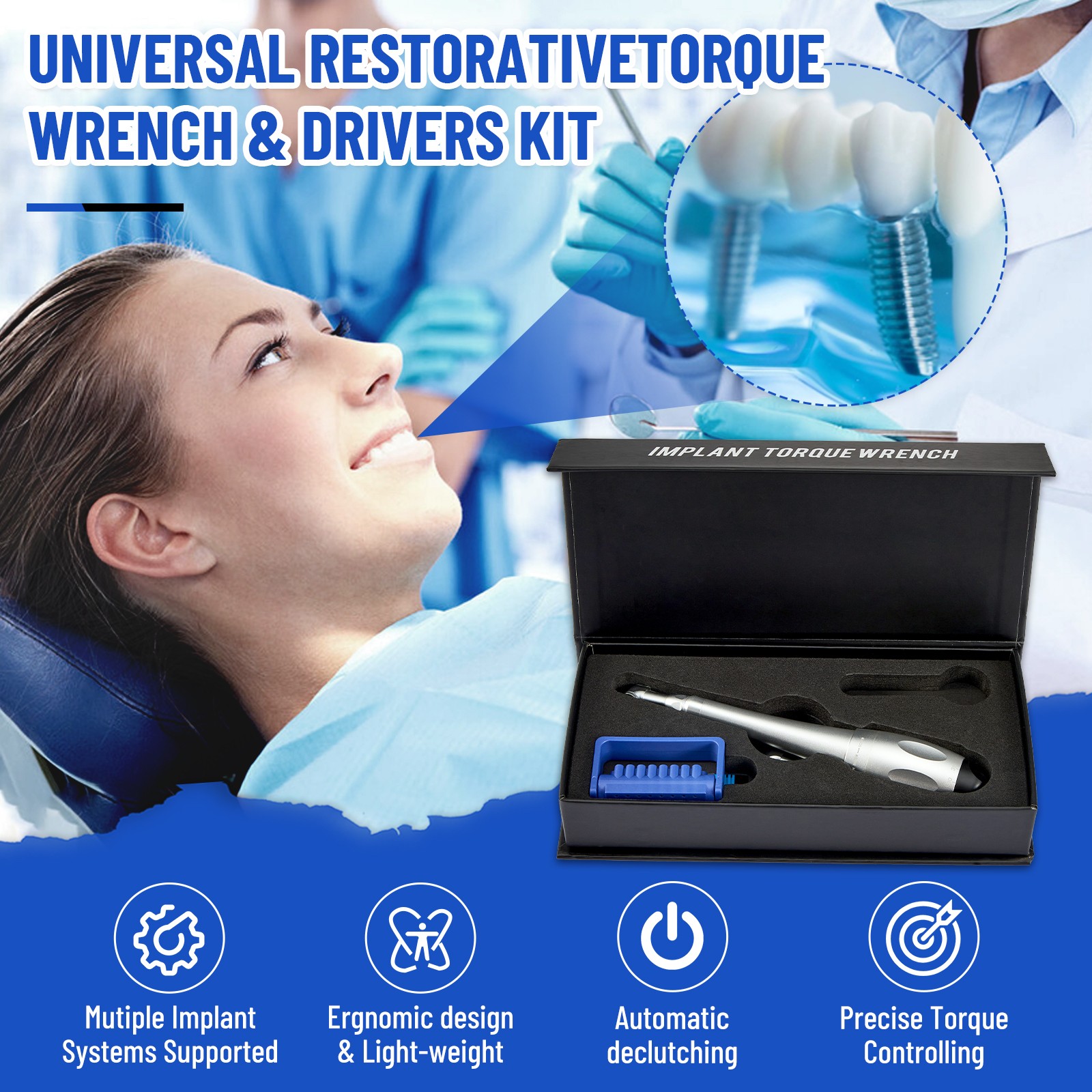 Dental Universal Implant Kit Torque Wrench Contra Angle & 16pcs Drivers Silver