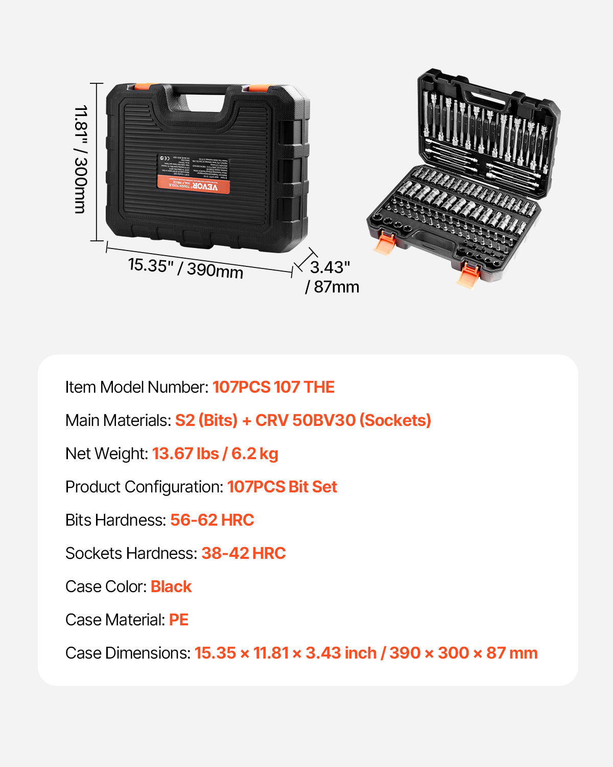 VEVOR Bit Socket Set 107-Piece SAE and Metric Hex/Torx/E-Torx/Tamper-Proof/Extra