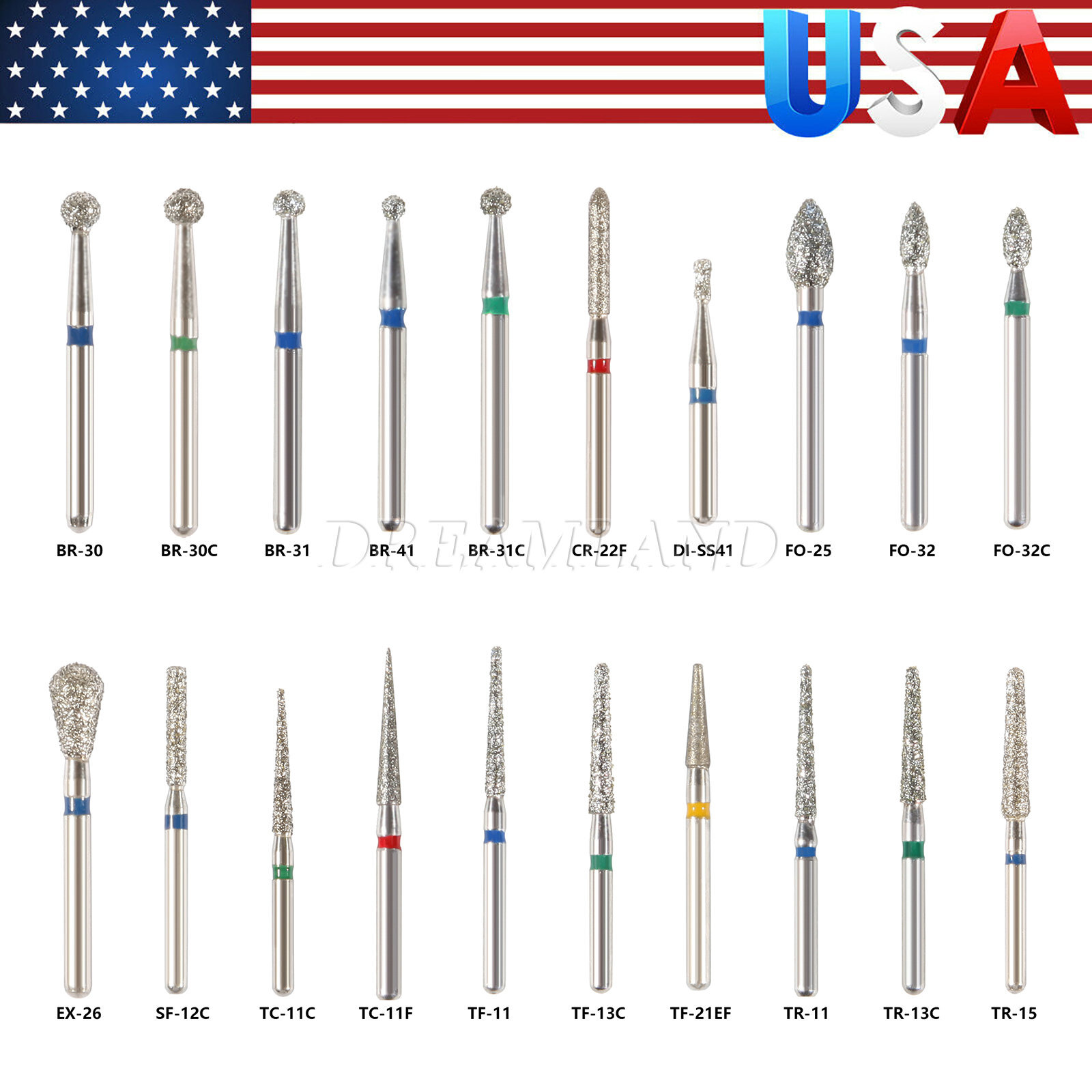 20 Types Dental Diamond Burs for High Speed Handpiece Friction Grip 100Pcs