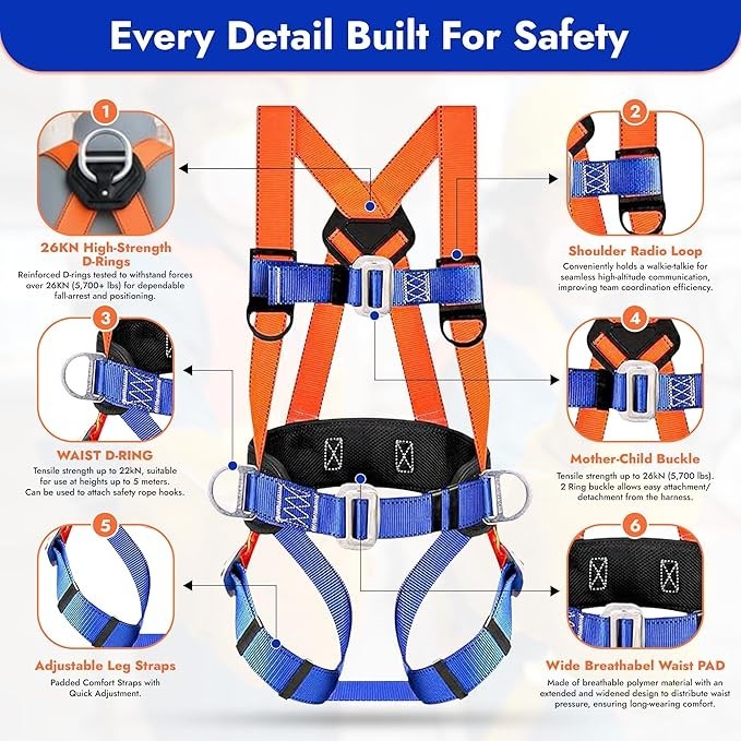 Safety Harness Fall Protection Kit, Full Body Roofing Harness with Lanyard