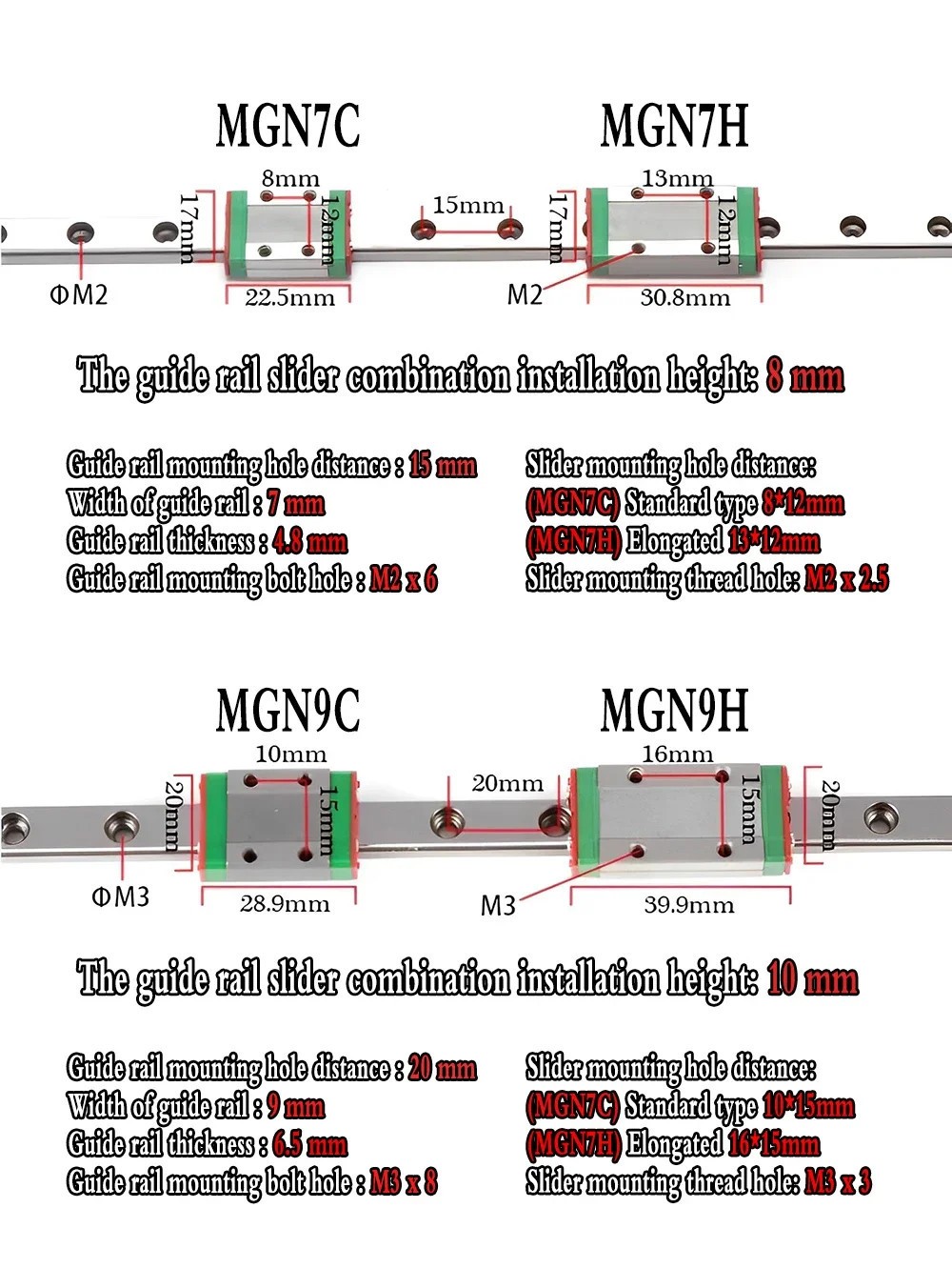 Miniature Linear Guide Slider MGN7 MGN9 MGN12 MGN15 100-600MM for 3D Printer