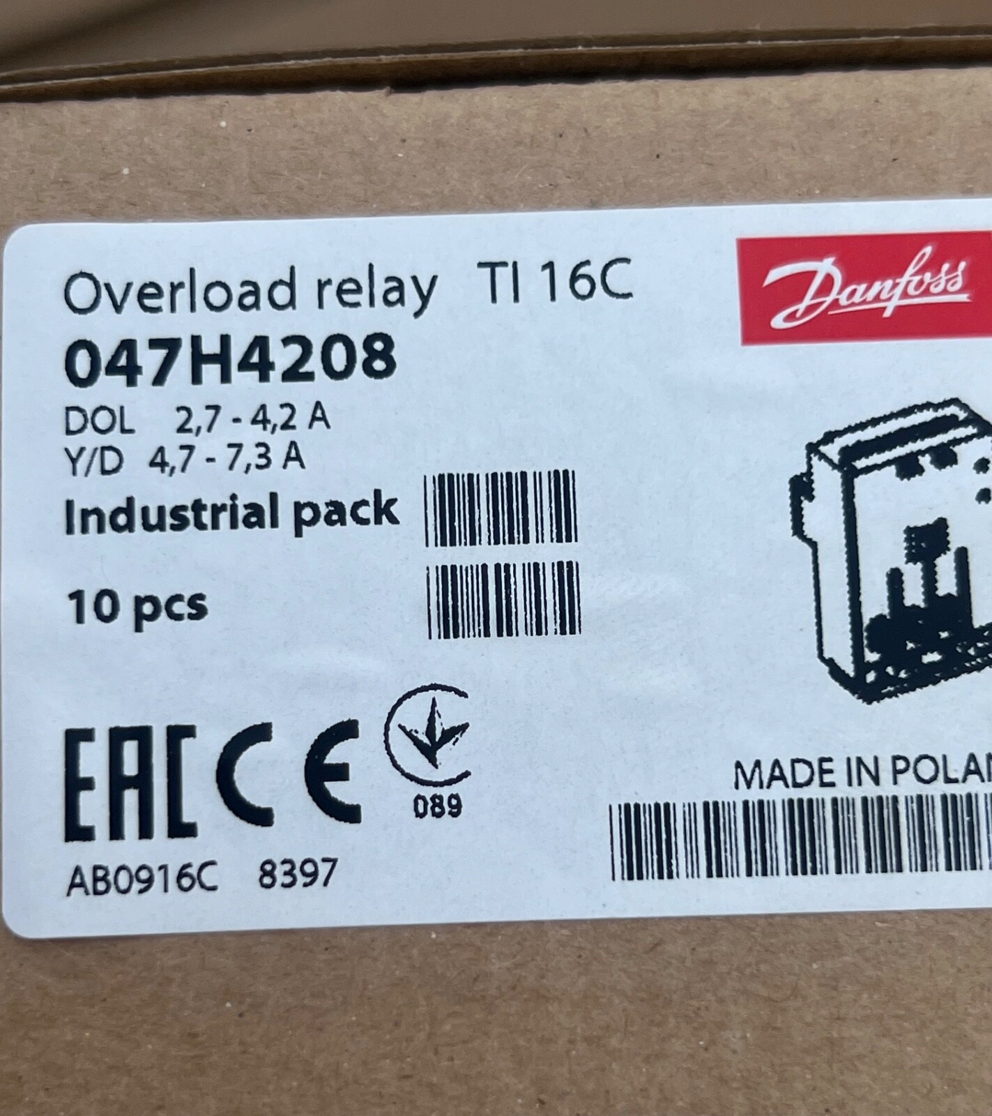 (ONE BOX OF 10 PCS) Danfoss 047H4208 Danfoss Overload relay, TI 16C