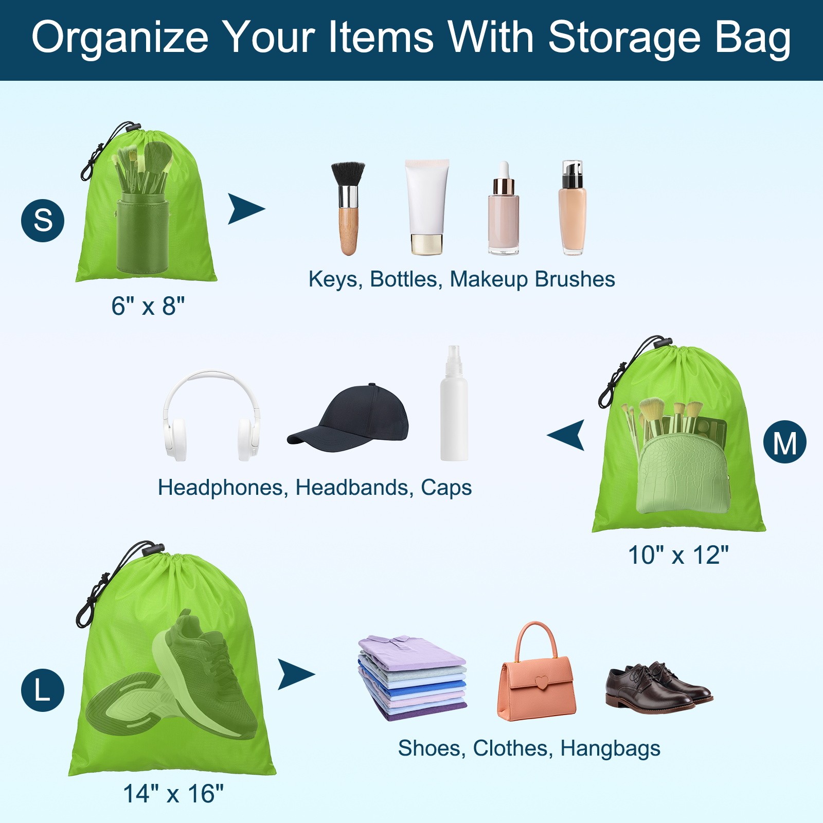 6pcs Drawstring Bag featuring Toggle 6 x 8 Inch Stuff Sack, Light Green