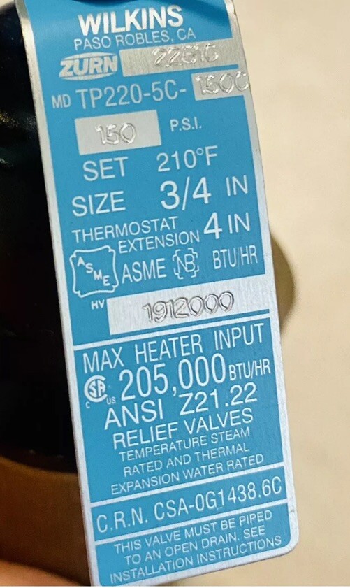 New Zurn Wilkins TP220-5C-150C Temperature Pressure Relief Valve 1″
