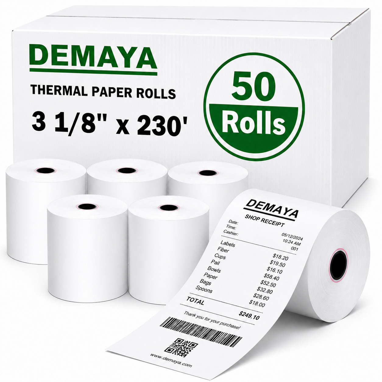 Thermal Paper Rolls 3 1/8″ x 230ft – Pack of 50, Fits Most Receipt Printers