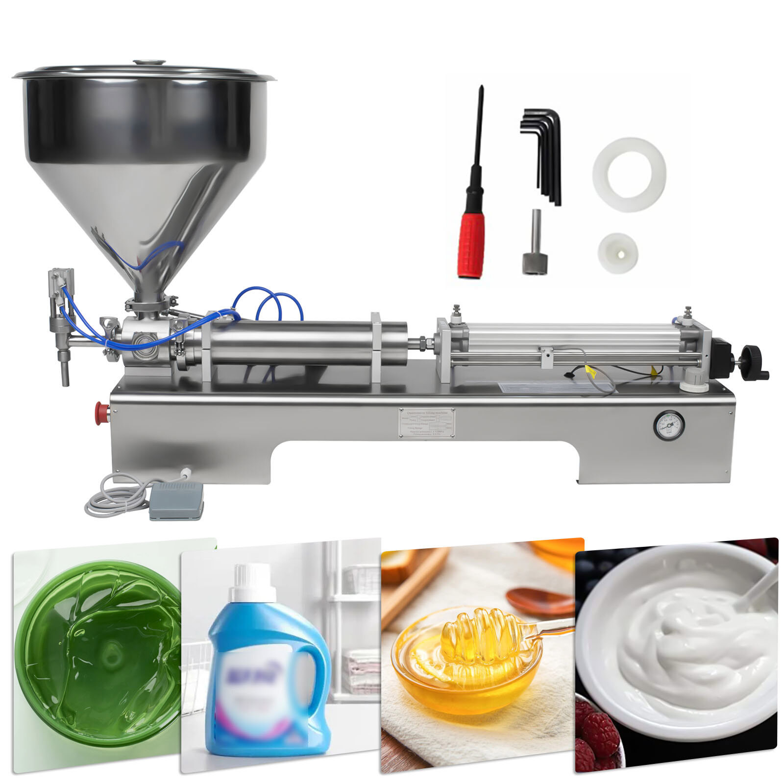 600ml Liquid Paste Filling Machine Pneumatic Bottle Pack Piston Filler + Hopper