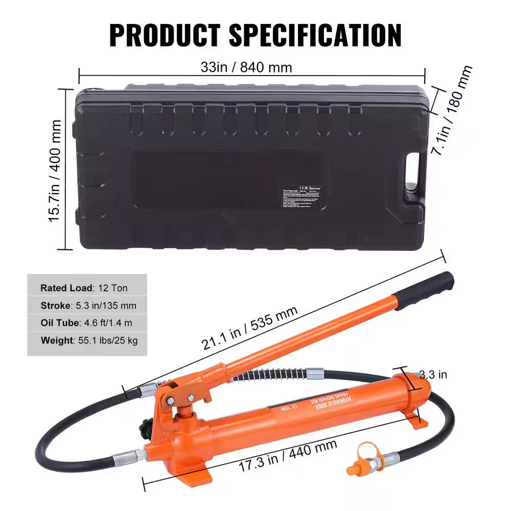 12 Ton Porta Power Kit, Hydraulic Ram with Pump with 4.6 Ft. /1.4 M Oil Hose, Po