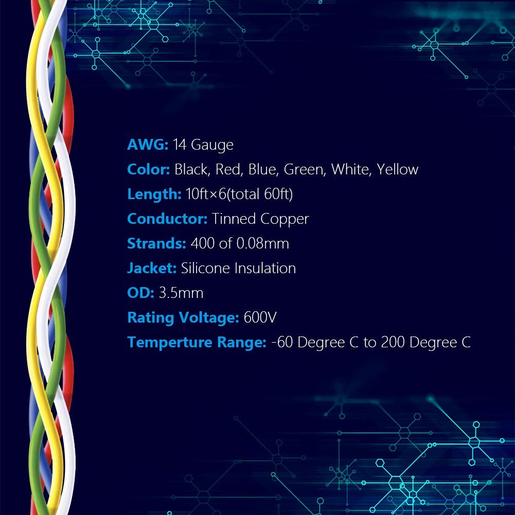 14 AWG Stranded Wire Spool 10Ft Each 6 Colors | Flexible 14 Gauge Silicone Hook