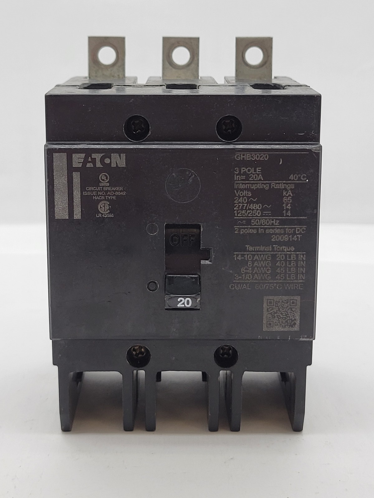 Eaton GHB3020 Bolt-On Circuit Breaker 20A 3P 480/277V 14KA GHB