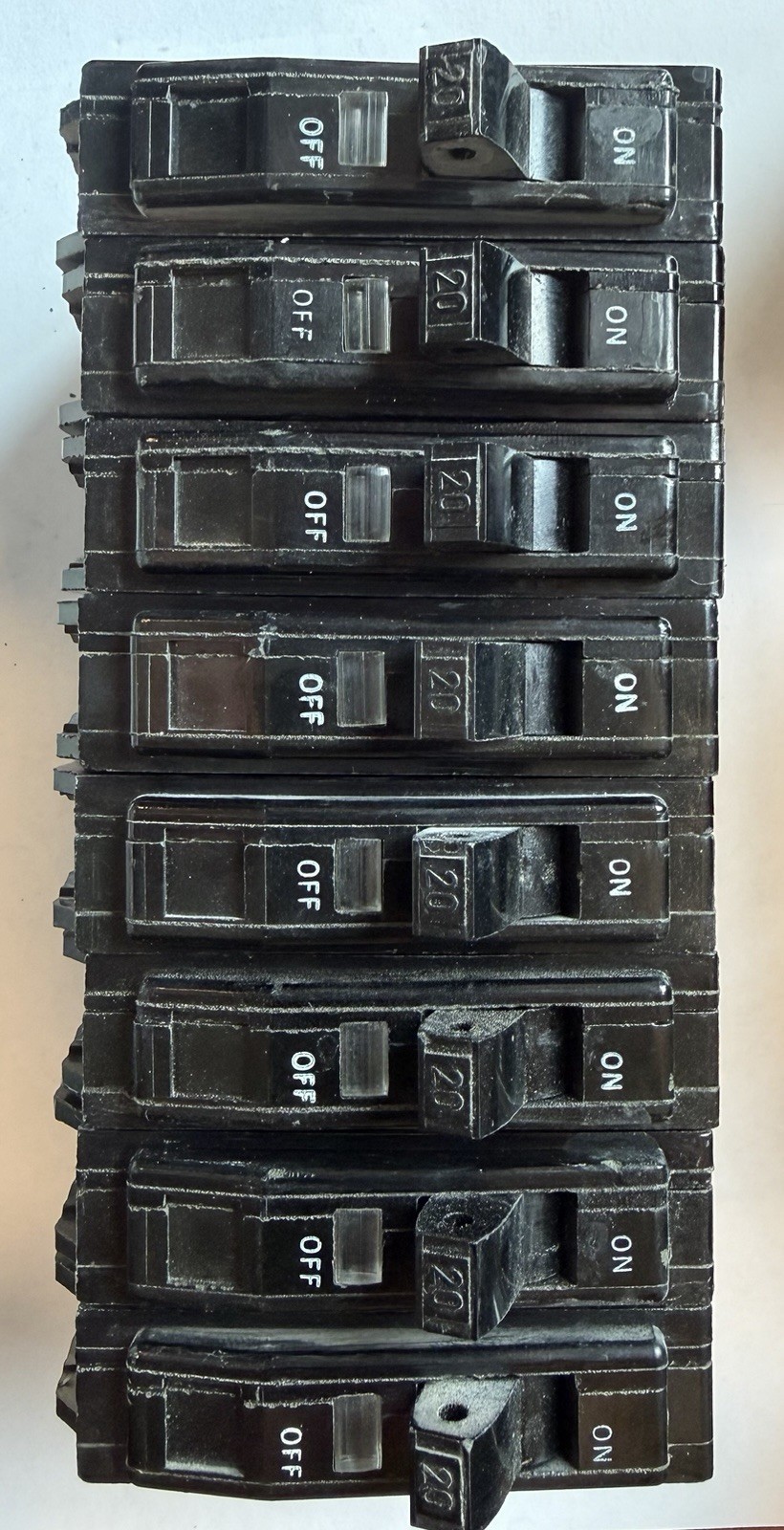 Lot of 8 Square D QO120 1-Pole 20 Amp Circuit Breakers – Used – QO Series