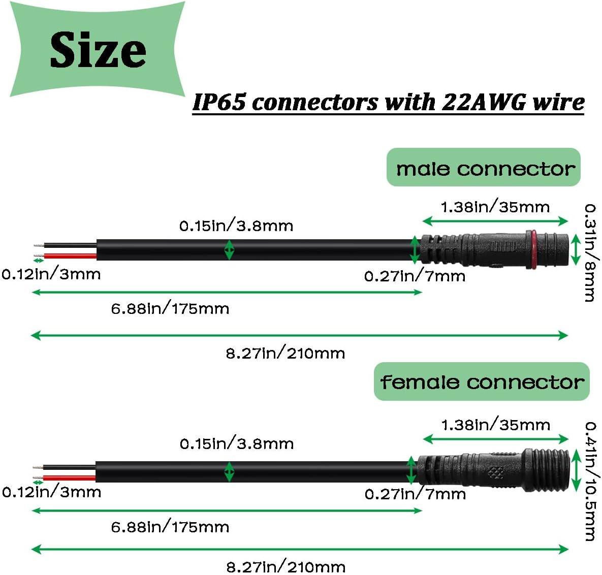 6 Pairs 22AWG 2 Pin Electrical Connector 5.87In/15Cm Wire Waterproof Male Female