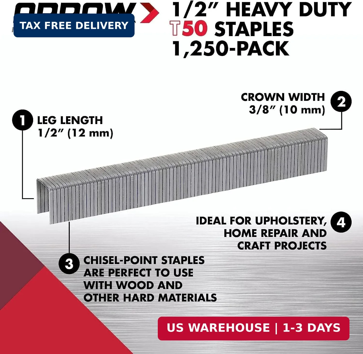 Arrow 508 Heavy Duty T50 1/2-Inch Leg Length, 3/8-Inch Crown, Staples for Uphols