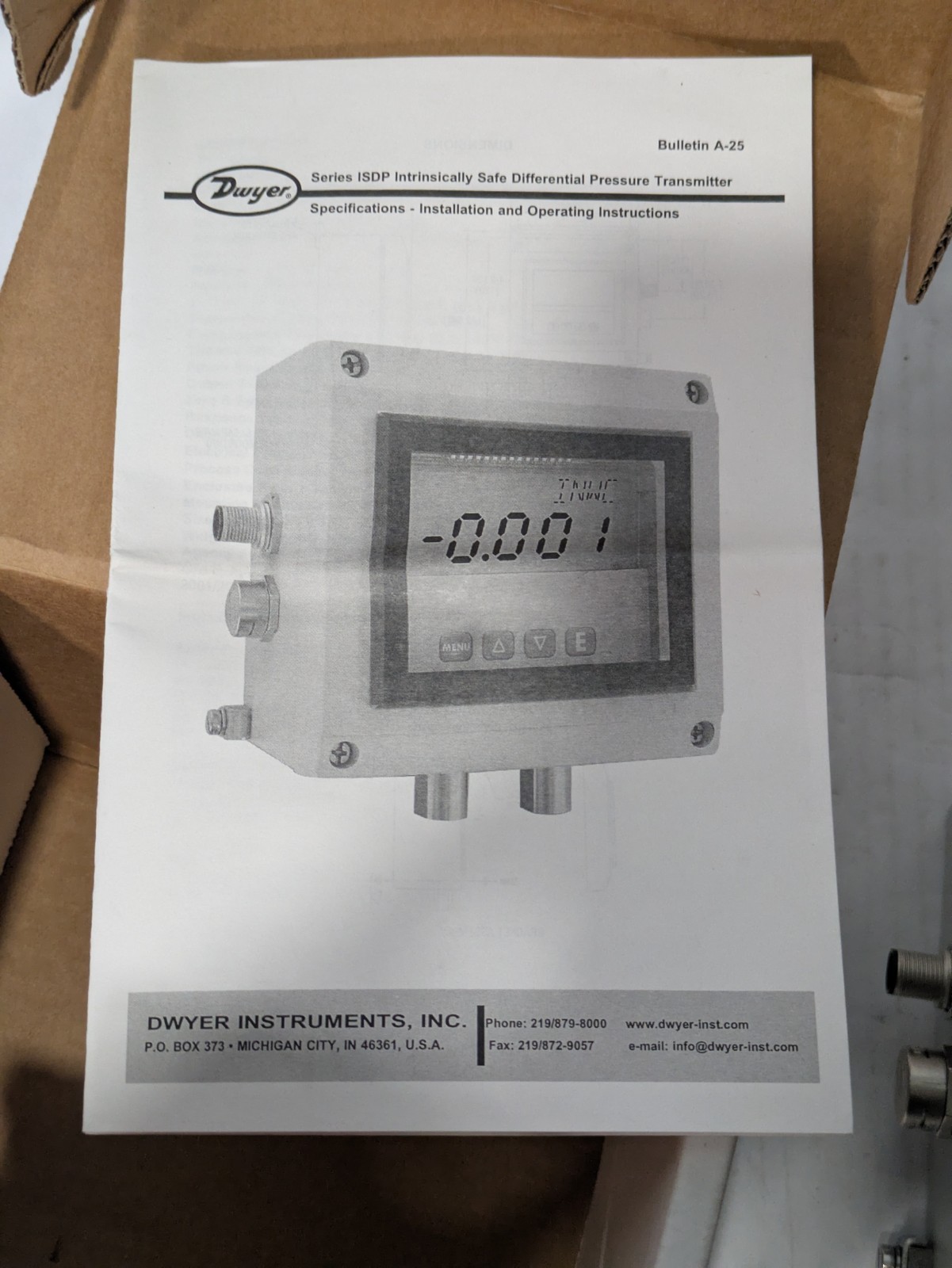 Dwyer ISDP-015 Intrinsically Safe Pressure Transmitter -2.5-0-2.5 w.c. Manual