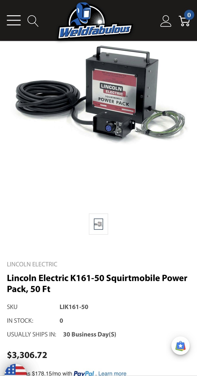 Lincoln Electric K161-50 Squirt Mobile Power Pack 50 Ft
