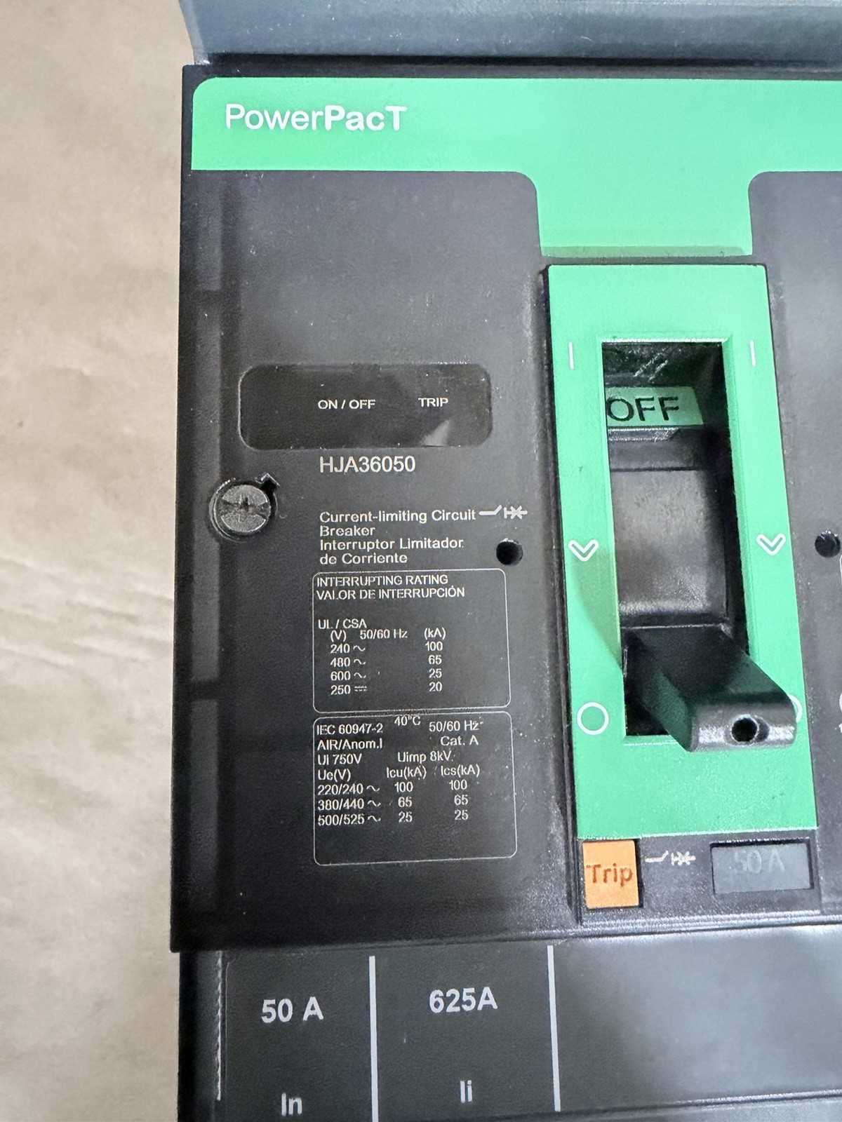 Square D PowerPacT HJA36050 3P Circuit Breaker 50A 600V