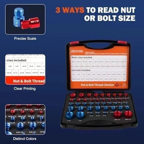 44pcs Inch & Metric Set Nut & Bolt Thread Checker Identifier Thread Gauges Box