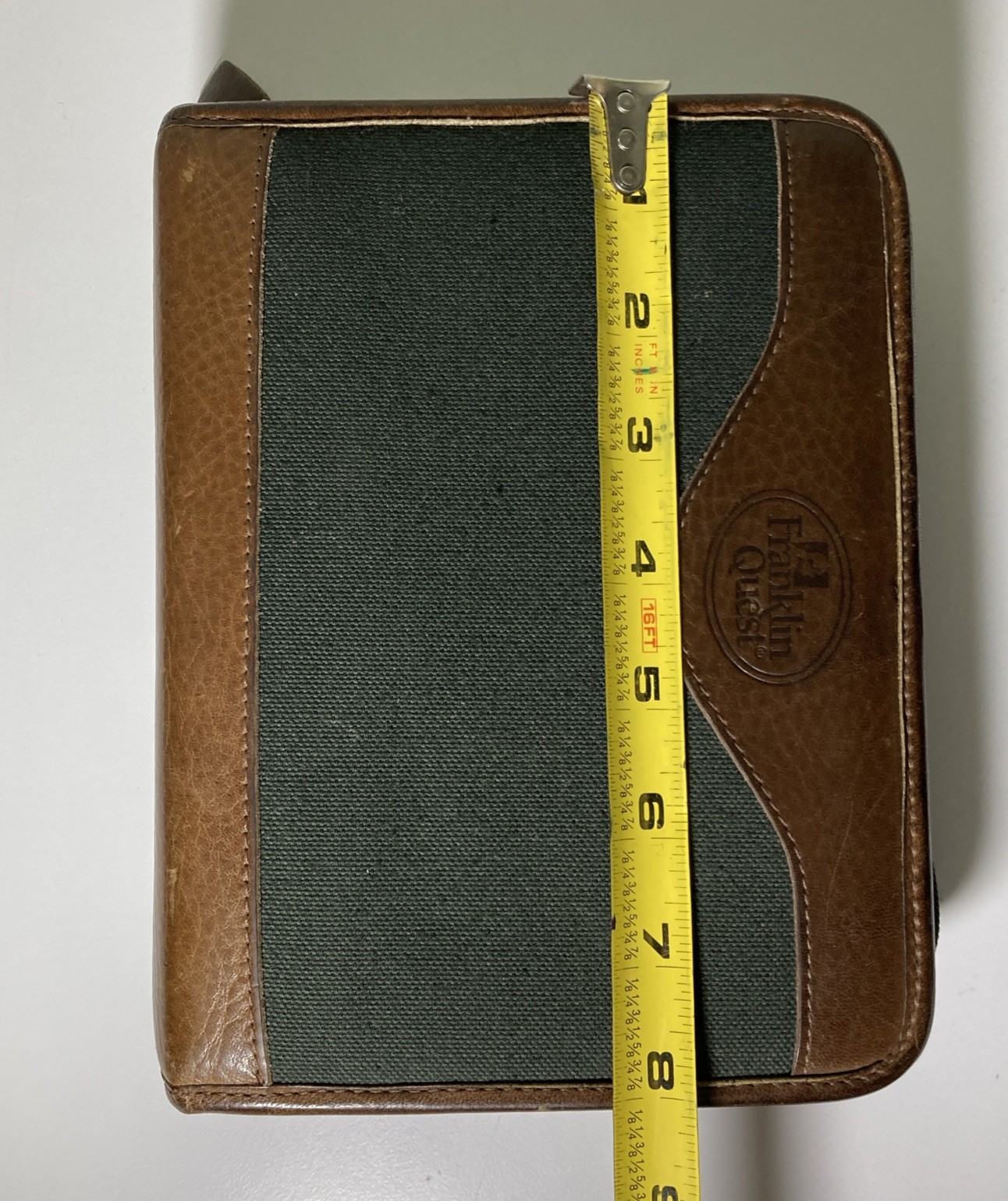 Franklin Quest Planner Green Line Black Canvas Brown Leather Trim 6 Ring Zip