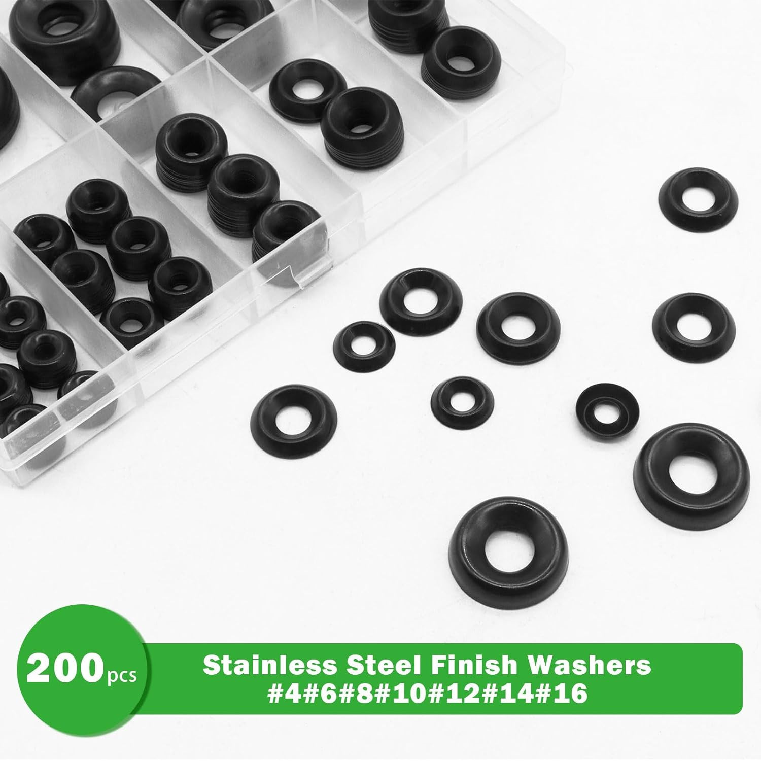 200 Pcs Black Finish Washers 7 Sizes 304 Stainless Steel Finishing Washers Count