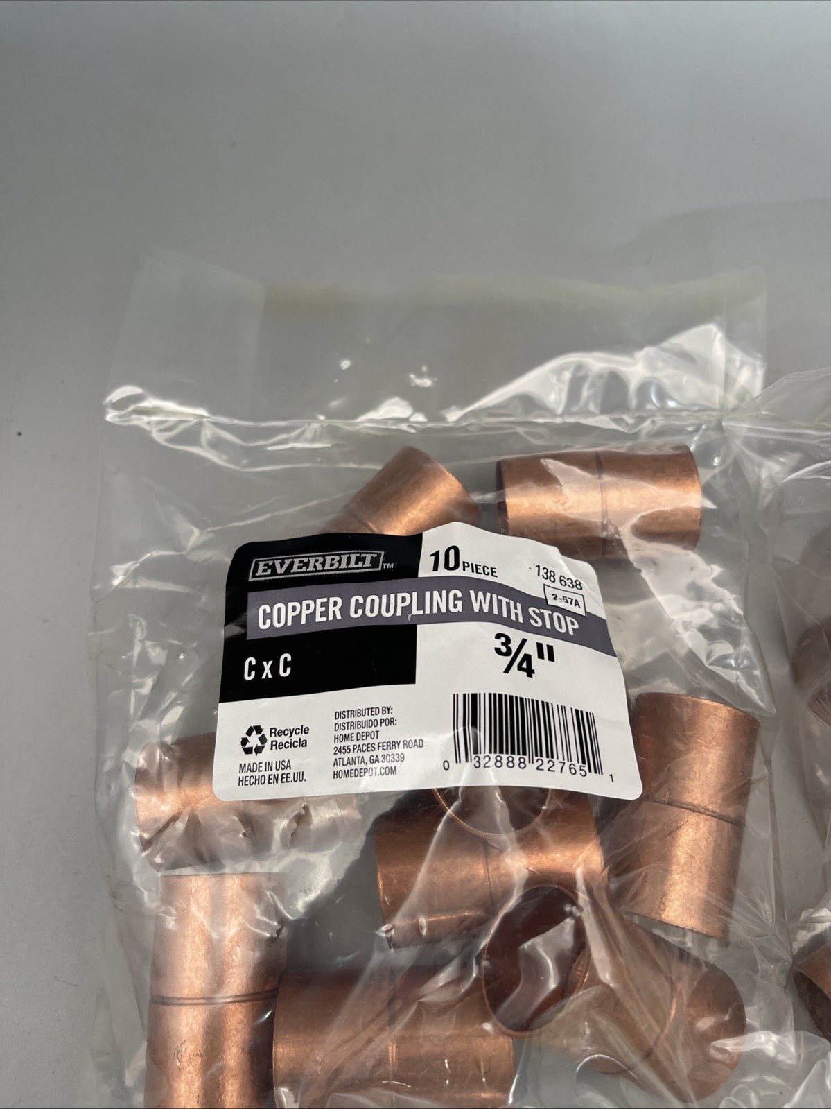 20 Pieces Everbilt 3/4 in. Copper Coupling With Stop New