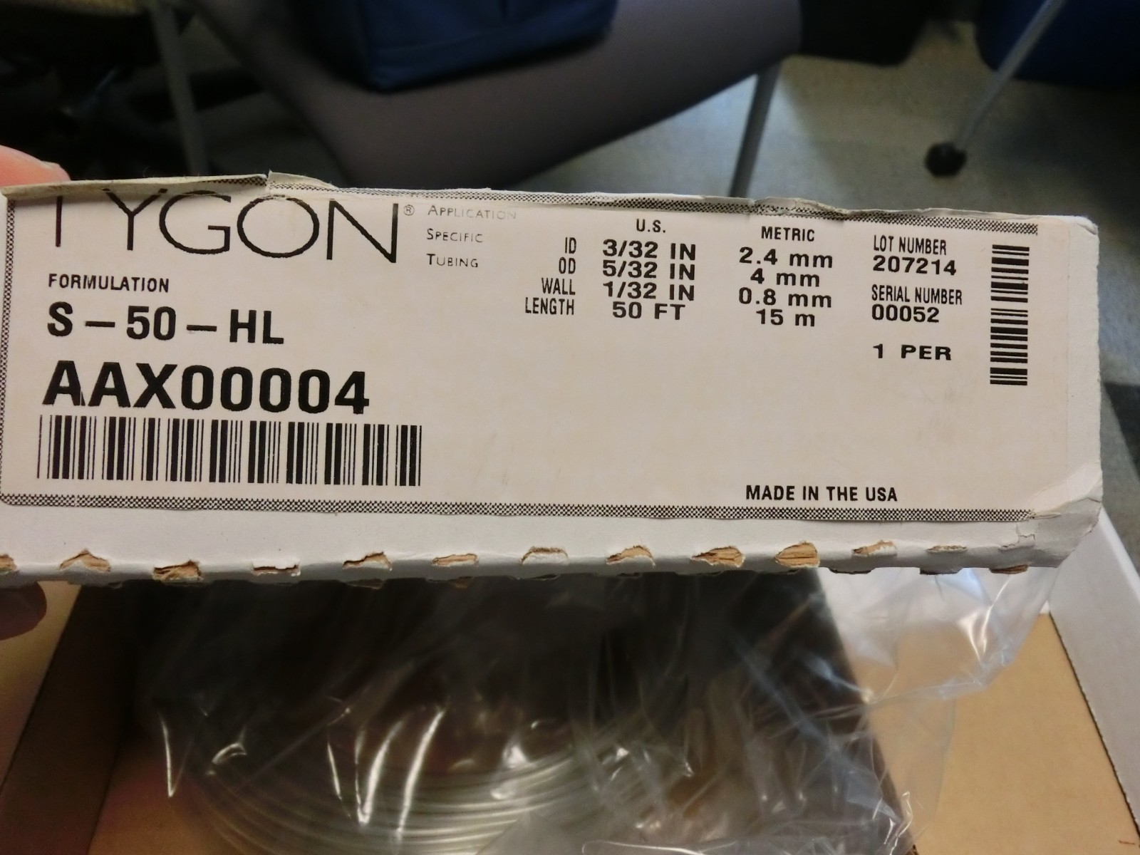 Tygon Tubing 50 ft OD 5/32″ ID 3/32″ AAX00004 S-50-HL