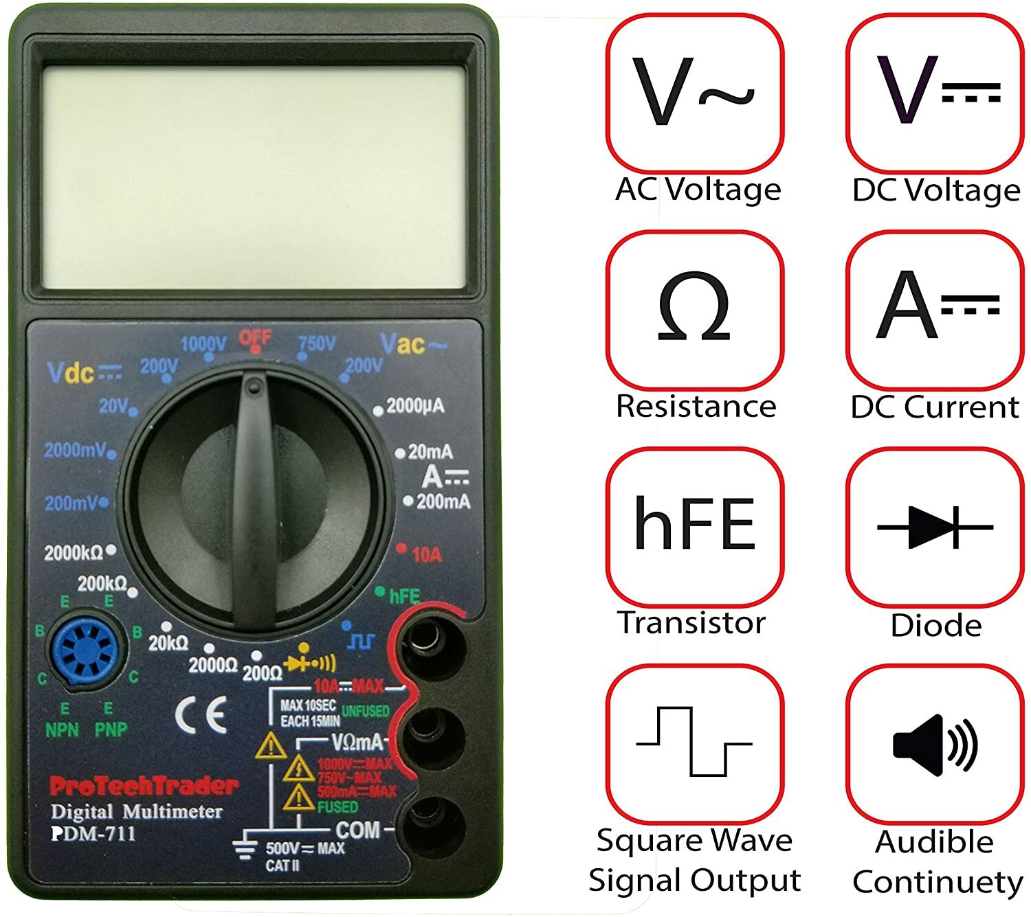 Large Screen Digital Multimeter 7 Test Functions AC DC Voltage Resistance Meter