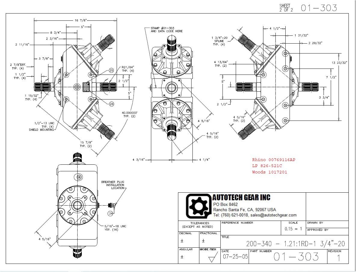 Rhino Flex-Wing Divider Gearbox 1000 RPM Reducer 00769116 (303)