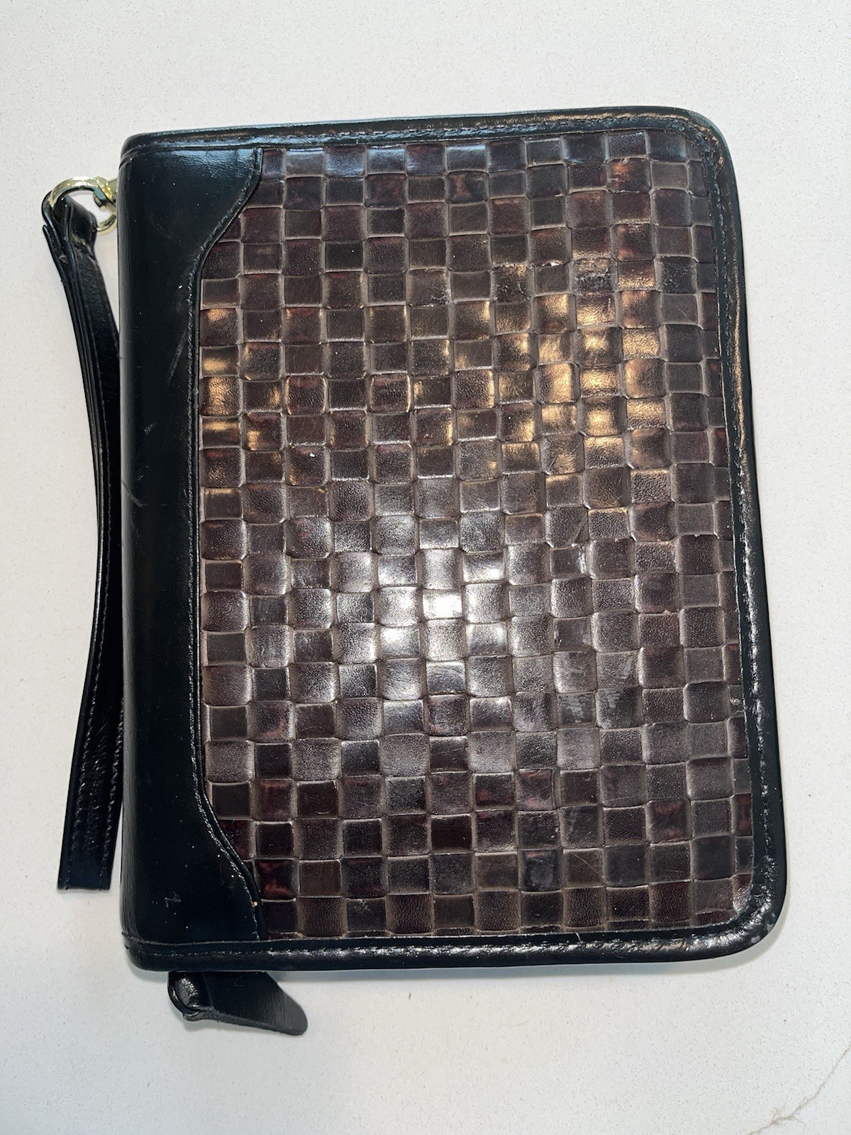 Franklin Quest Leather Planner Binder 8×6 Zip Around Calfskin Brown Woven USA