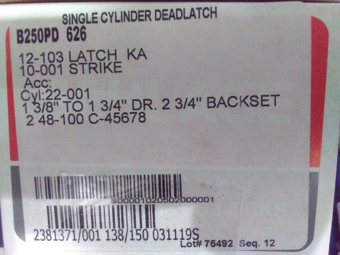 Deadlatch B-250-P-626 Single Cylinder keyed Nightlatch SCHLAGE